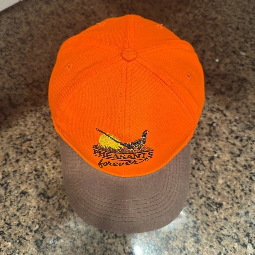 Vtg Pheasants Forever Outdoor Cap Hunting Hat Adjustable Orange Brown Made in US